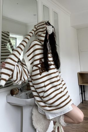 Striped Rabbit Ear Detachable Faux Mink Knit Cardigan Sweater for Men and Women - Trendy Autumn Winter Fashion