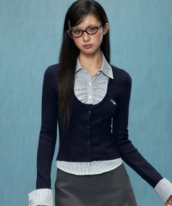 Striped Slim-Fit Two-Piece Knit Top for Women - College Style Spring 2025 Knitwear, Trendy Casual Look