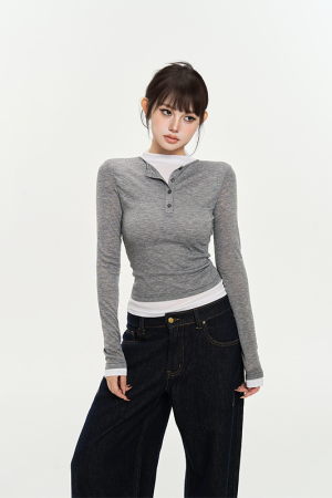 Striped Three-Color Color Block Stretch Shirt for Women - Slimming Fake Two-Piece Design for Autumn Fashion