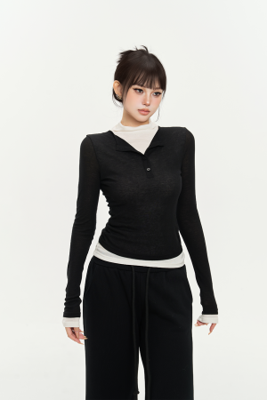 Striped Three-Color Color Block Stretch Shirt for Women - Slimming Fake Two-Piece Design for Autumn Fashion