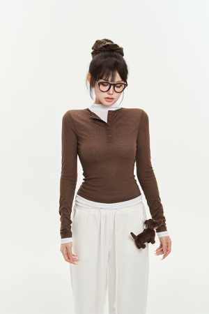 Striped Three-Color Color Block Stretch Shirt for Women - Slimming Fake Two-Piece Design for Autumn Fashion