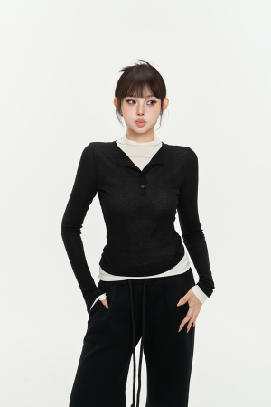 Striped Three-Color Color Block Stretch Shirt for Women - Slimming Fake Two-Piece Design for Autumn Fashion