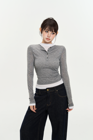Striped Three-Color Color Block Stretch Shirt for Women - Slimming Fake Two-Piece Design for Autumn Fashion