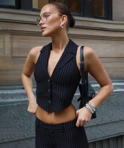 Striped Two-Piece Suit Set with Lapel Vest and Slim Fit Trousers - Stylish Commuter Outfit for Trendy 90s and Y2K Fashion