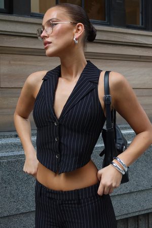 Striped Two-Piece Suit Set with Lapel Vest and Slim Fit Trousers - Stylish Commuter Outfit for Trendy 90s and Y2K Fashion