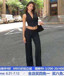 Striped Two-Piece Suit Set with Lapel Vest and Slim Fit Trousers - Stylish Commuter Outfit for Trendy 90s and Y2K Fashion