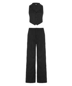 Striped Two-Piece Suit Set with Lapel Vest and Slim Fit Trousers - Stylish Commuter Outfit for Trendy 90s and Y2K Fashion