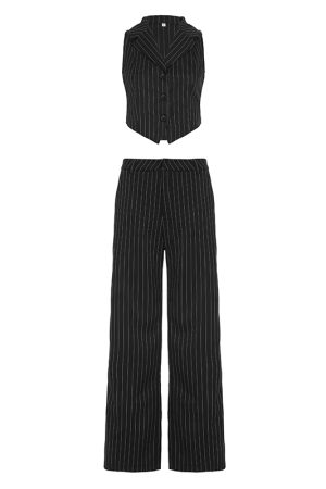 Striped Two-Piece Suit Set with Lapel Vest and Slim Fit Trousers - Stylish Commuter Outfit for Trendy 90s and Y2K Fashion