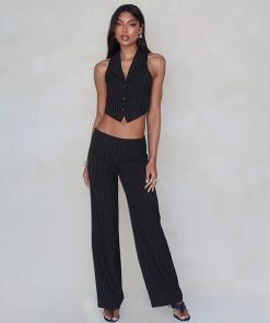 Striped Two-Piece Suit Set with Lapel Vest and Slim Fit Trousers - Stylish Commuter Outfit for Trendy 90s and Y2K Fashion
