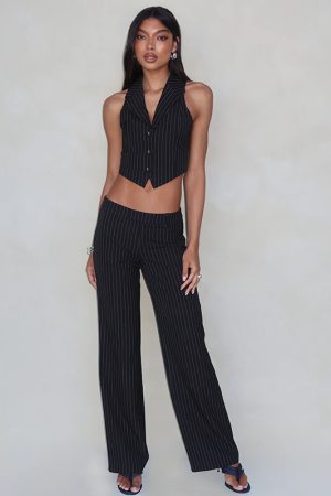 Striped Two-Piece Suit Set with Lapel Vest and Slim Fit Trousers - Stylish Commuter Outfit for Trendy 90s and Y2K Fashion