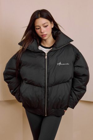 Structured Down Jacket with Typography & Embroidery, 90% White Duck Down Fill, Fashionable Winter Outerwear