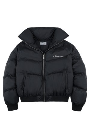 Structured Down Jacket with Typography & Embroidery, 90% White Duck Down Fill, Fashionable Winter Outerwear