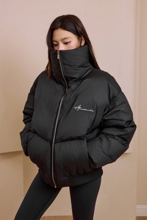 Structured Down Jacket with Typography & Embroidery, 90% White Duck Down Fill, Fashionable Winter Outerwear