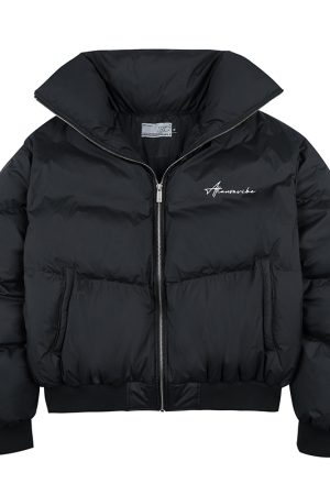 Structured Down Jacket with Typography & Embroidery, 90% White Duck Down Fill, Fashionable Winter Outerwear