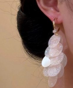 Stunning Fine Glitter Shell Tassel Drop Earrings - Elegant High-End Vacation Style, Unique Exaggerated Accessories