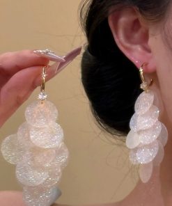 Stunning Fine Glitter Shell Tassel Drop Earrings - Elegant High-End Vacation Style, Unique Exaggerated Accessories