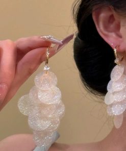 Stunning Fine Glitter Shell Tassel Drop Earrings - Elegant High-End Vacation Style, Unique Exaggerated Accessories