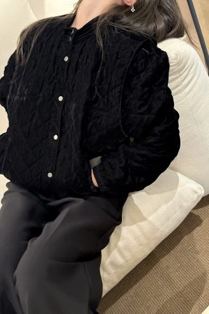 Stylish Black Velvet Baseball Jacket - Diamond Quilted Cotton Coat, Casual Loose Fit