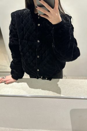 Stylish Black Velvet Baseball Jacket - Diamond Quilted Cotton Coat, Casual Loose Fit