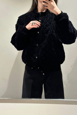 Stylish Black Velvet Baseball Jacket - Diamond Quilted Cotton Coat, Casual Loose Fit