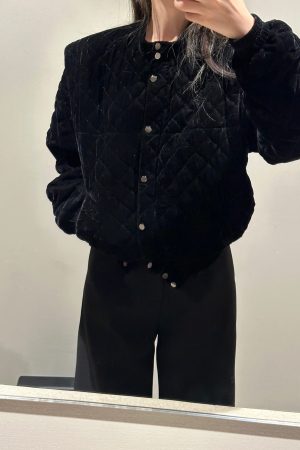 Stylish Black Velvet Baseball Jacket - Diamond Quilted Cotton Coat, Casual Loose Fit