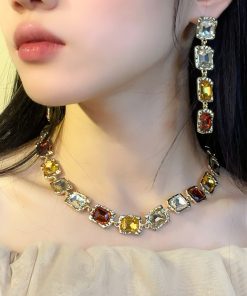 Stylish Brown Gradient Geometric Earring and Necklace Set, Fashionable Clavicle Chain Jewelry, Trendy Accessory for Any Outfit