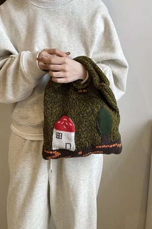 Stylish Knitted Handbag for Women - 2025 Yarn Woven Forest Style Handheld and Wrist Bag for Spring and Summer Fashion