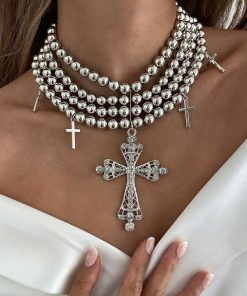 Stylish Multi-Layer Beaded Collarbone Chain Necklace with Diamond-Inlaid Cross Pendant - Trendy European and American Fashion Jewelry