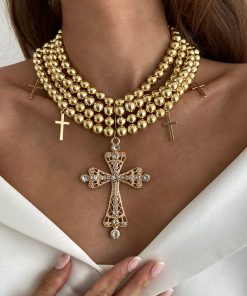Stylish Multi-Layer Beaded Collarbone Chain Necklace with Diamond-Inlaid Cross Pendant - Trendy European and American Fashion Jewelry