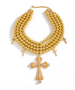 Stylish Multi-Layer Beaded Collarbone Chain Necklace with Diamond-Inlaid Cross Pendant - Trendy European and American Fashion Jewelry