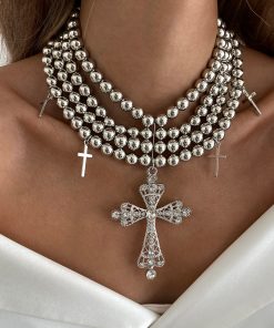 Stylish Multi-Layer Beaded Collarbone Chain Necklace with Diamond-Inlaid Cross Pendant - Trendy European and American Fashion Jewelry
