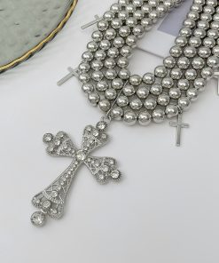 Stylish Multi-Layer Beaded Collarbone Chain Necklace with Diamond-Inlaid Cross Pendant - Trendy European and American Fashion Jewelry