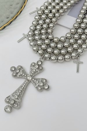 Stylish Multi-Layer Beaded Collarbone Chain Necklace with Diamond-Inlaid Cross Pendant - Trendy European and American Fashion Jewelry