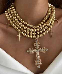 Stylish Multi-Layer Beaded Collarbone Chain Necklace with Diamond-Inlaid Cross Pendant - Trendy European and American Fashion Jewelry