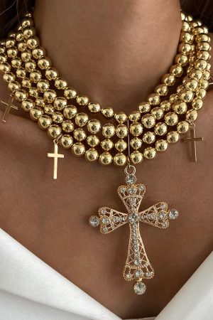 Stylish Multi-Layer Beaded Collarbone Chain Necklace with Diamond-Inlaid Cross Pendant - Trendy European and American Fashion Jewelry