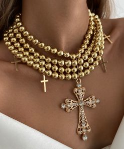Stylish Multi-Layer Beaded Collarbone Chain Necklace with Diamond-Inlaid Cross Pendant - Trendy European and American Fashion Jewelry