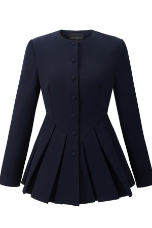 Stylish Round Neck Long Sleeve Suit Dress with Pleated Skirt and Shorts Two-Piece Set - Trendy Fashion for Modern Looks