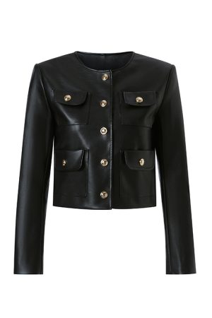 Stylish Short Black Leather Jacket for Women with Alloy Buckles, High-End Feel, 2025 Fashion, Chic Design, Y2K Inspired