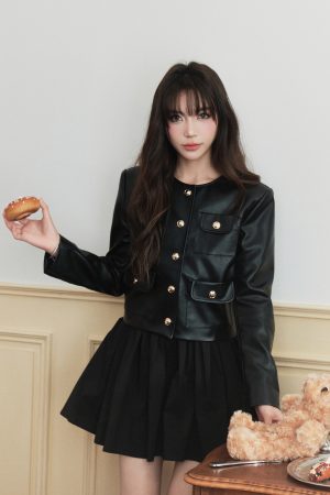 Stylish Short Black Leather Jacket for Women with Alloy Buckles, High-End Feel, 2025 Fashion, Chic Design, Y2K Inspired