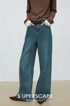 Sublime Marble Pattern Stretch Wide-Leg Jeans with 7-Inch Split Side Seam - Trendy Y2K Style for Effortless Chic Look