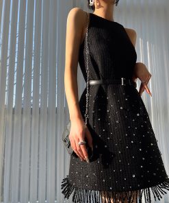 Subtle Glow Wool Haute Couture Fringe Bodycon Dress with Diamond Elegance for Elegant Evening Wear