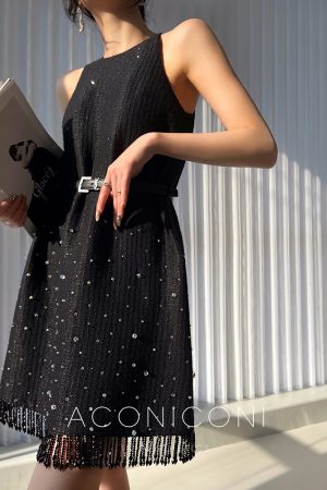 Subtle Glow Wool Haute Couture Fringe Bodycon Dress with Diamond Elegance for Elegant Evening Wear