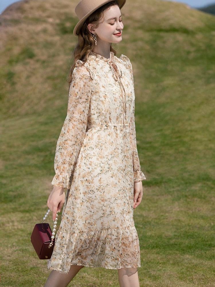 subversive acubi fashion, Acubi Fashion Layering - Cottagecore Lace Detailed Floral Midi Dress