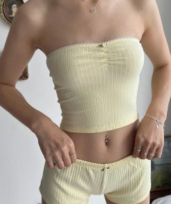 Summer 2025 Casual Two-Piece Solid Color Slim Fit Shorts and Strapless Top Set - French Chic Sweet Girl Homewear
