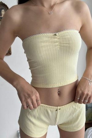 Summer 2025 Casual Two-Piece Solid Color Slim Fit Shorts and Strapless Top Set - French Chic Sweet Girl Homewear