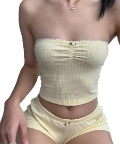 Summer 2025 Casual Two-Piece Solid Color Slim Fit Shorts and Strapless Top Set - French Chic Sweet Girl Homewear