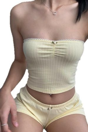 Summer 2025 Casual Two-Piece Solid Color Slim Fit Shorts and Strapless Top Set - French Chic Sweet Girl Homewear