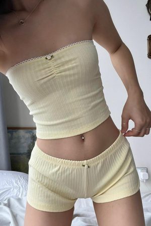Summer 2025 Casual Two-Piece Solid Color Slim Fit Shorts and Strapless Top Set - French Chic Sweet Girl Homewear