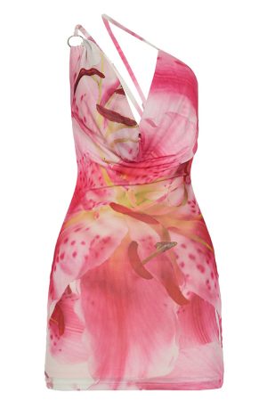 Summer 2025 Floral Print Mini Dress with Ruffled Off-Shoulder Design, Asymmetrical Hem, and Crossbody Round Ring Detail