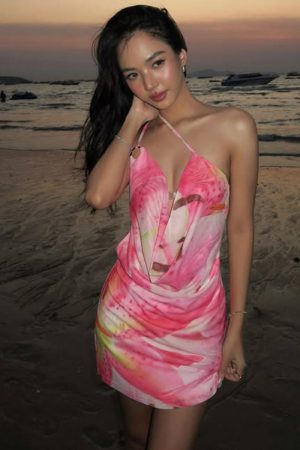 Summer 2025 Floral Print Mini Dress with Ruffled Off-Shoulder Design, Asymmetrical Hem, and Crossbody Round Ring Detail